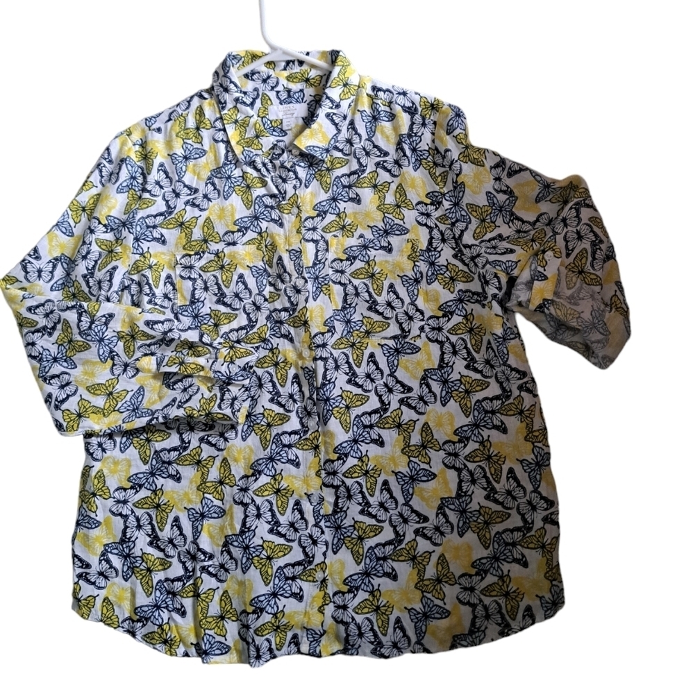 CHARTER CLUB Linen luxury BUTTERFLY blouse shirt long sleeve top Petite XL